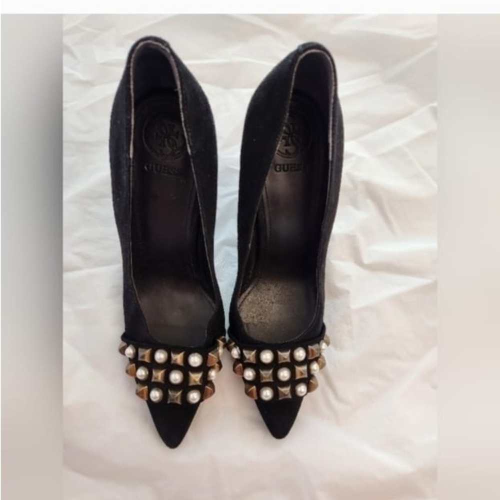 Guess Women's Plum Black Suede Leather Shoe with Gold Studded Spikes. Si…